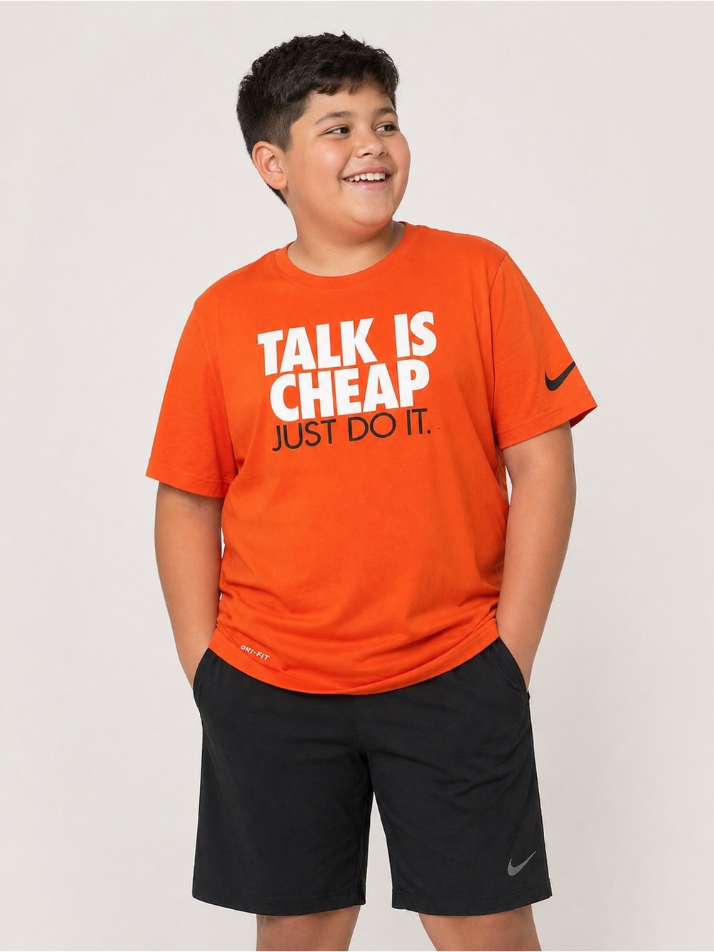 Nike Orange Graphic Tee with White & Black Slogan Dri-Fit Tee Unisex XL Kids